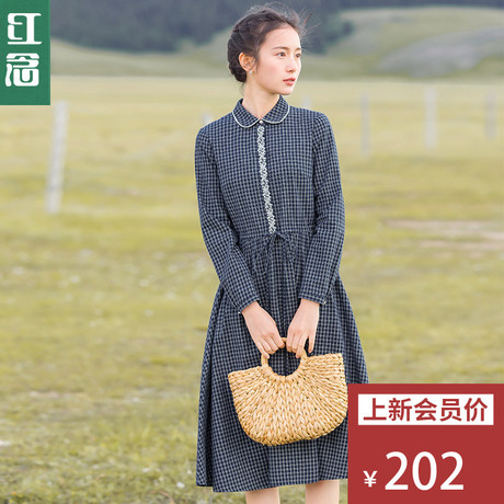 红念格子棉质连衣裙女长袖2018秋装新款中长款娃娃领百褶裙长裙子商品大图