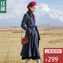 红念蓝色格子毛呢外套女中长款秋装女2018新款风衣修身呢子大衣女图片