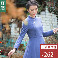 红念蓝色毛呢改良版旗袍连衣裙秋装女2018新款中长款收腰长裙子图片