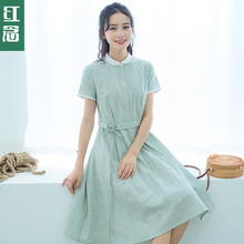 红念娃娃领棉麻连衣裙女夏装2018新款中长款条纹a字裙修身长裙子图片