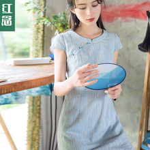 红念条纹改良旗袍连衣裙短款女夏2018新款文艺气质a字裙修身短裙图片