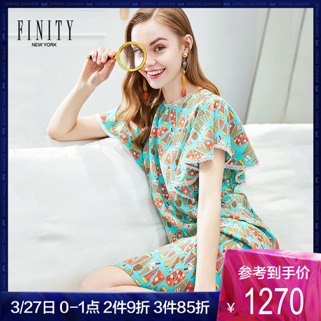FINITY桑蚕丝裙子女2019春夏新款花边领荷叶袖大码真丝印花连衣裙商品大图