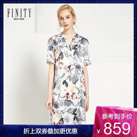 FINITY 真丝连衣裙女2018新款大牌气质印花V领显瘦慵懒风裙子商品大图