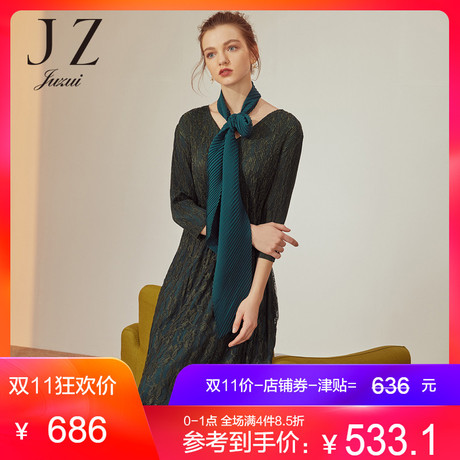 JUZUI/玖姿旗舰店2018秋装新款飘带蕾丝百褶裙中长款连衣裙女商品大图