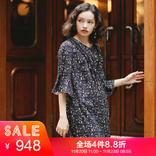 JUZUI/玖姿旗舰店2018秋装新款木耳边系带喇叭袖碎花连衣裙女图片