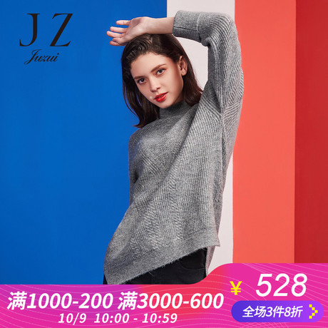 JUZUI/玖姿2018冬新款半高领慵懒风针织前短后长套头女毛衣商品大图