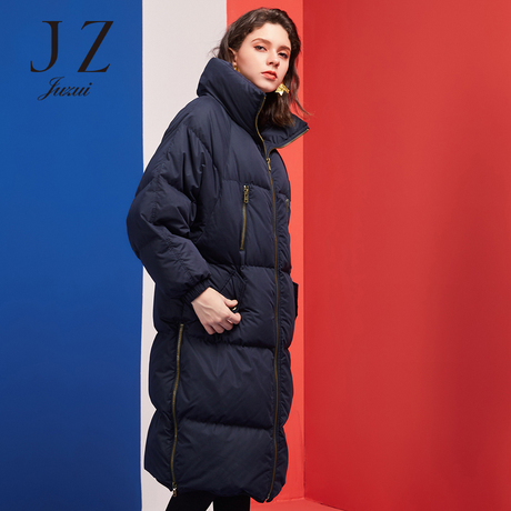 JUZUI/玖姿女装2018秋冬新款拉链复古拉链开叉长款廓形羽绒服女商品大图
