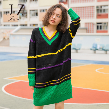 JUZUI/玖姿旗舰店2018秋装新款长袖V领条纹拼接长款针织毛衫商品大图