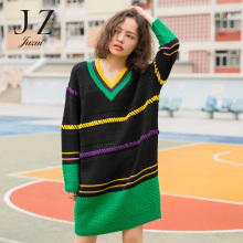 JUZUI/玖姿旗舰店2018秋装新款长袖V领条纹拼接长款针织毛衫图片