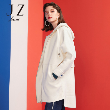 JUZUI/玖姿旗舰店2018冬装拉链羊毛混纺连帽中长双面呢大衣女商品大图