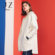 JUZUI/玖姿旗舰店2018冬装拉链羊毛混纺连帽中长双面呢大衣女图片