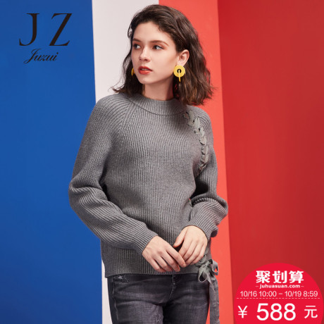 JUZUI/玖姿旗舰店女装2018冬装新款套头绑带拼接针织毛衣女商品大图