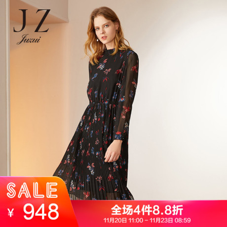 JUZUI/玖姿旗舰店2018新款雪纺印花百褶连衣裙中长款收腰显瘦商品大图