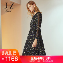JUZUI/玖姿旗舰店2018冬装系带碎花印花中长款雪纺连衣裙女图片
