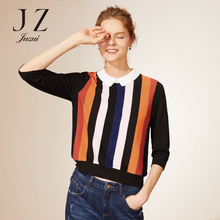 JUZUI/玖姿旗舰店秋装新款2018娃娃领渐变竖条纹套头薄毛衣女图片
