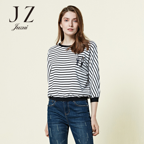 JUZUI/玖姿2018春新款七分袖圆领打底条纹毛针织衫女装商品大图