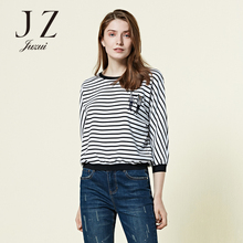 JUZUI/玖姿2018春新款七分袖圆领打底条纹毛针织衫女装图片