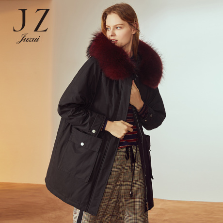 JUZUI/玖姿旗舰店2018冬装貉子毛领连帽绣花中长羽绒服女外套商品大图