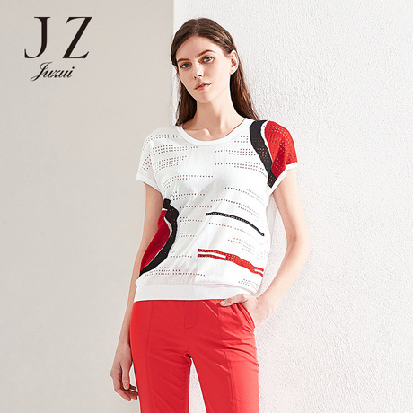 JUZUI/玖姿旗舰店2018夏装短袖套头弹力洞洞毛衣女镂空针织衫商品大图