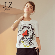 JUZUI/玖姿旗舰店2018秋装新款圆领短袖图案印花T恤女上衣图片