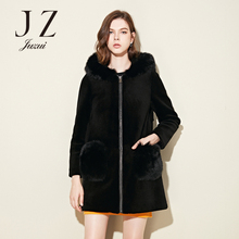 JUZUI/玖姿长袖连帽狐狸大毛领外套气质复合羊剪绒羊毛大衣图片