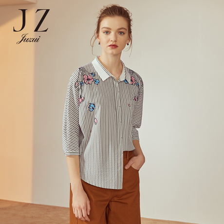 JUZUI/玖姿旗舰店2018秋装新款时尚条纹小清新衬衫女上衣商品大图
