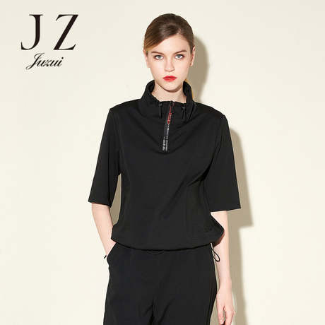JUZUI/玖姿休闲卫衣2017春新款套头拉链高领上衣女卫衣春季商品大图