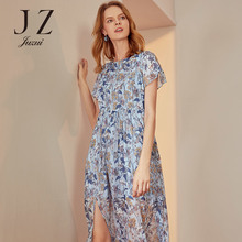 JUZUI/玖姿旗舰店2018夏新款印花圆领短袖雪纺连衣裙女中长款图片