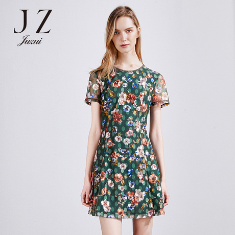 JUZUI/玖姿中长款优雅蕾丝边印花网纱连衣裙女2018夏装新款女装商品大图