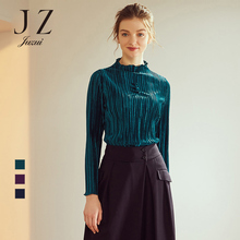 JUZUI/玖姿旗舰店2018冬装新款时尚丝绒木耳领修身打底女上衣图片