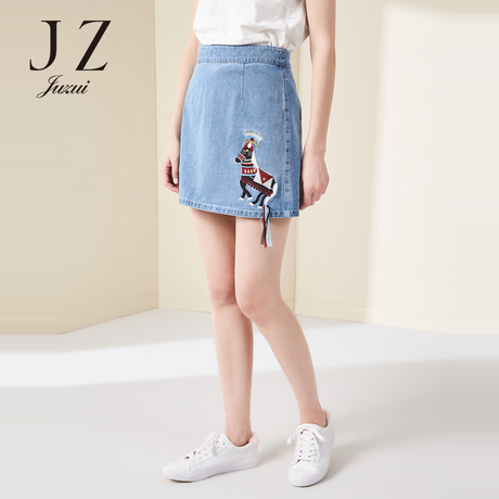 JUZUI/玖姿通勤绣花牛仔腰裙2018夏季新款牛仔半身裙女商品大图