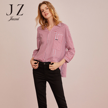 JUZUI/玖姿旗舰店秋装新款2018前短后长红白竖条纹衬衫女上衣图片