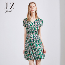 JUZUI/玖姿网纱短袖印花连衣裙女夏中长款修身V领2018新款女装图片