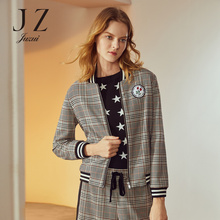JUZUI/玖姿旗舰店2018秋装立领长袖贴布格纹棒球服短外套女图片