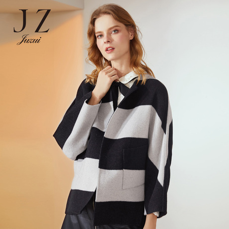 JUZUI/玖姿旗舰店2018冬装时尚宽条纹无扣羊毛双面呢短大衣女商品大图
