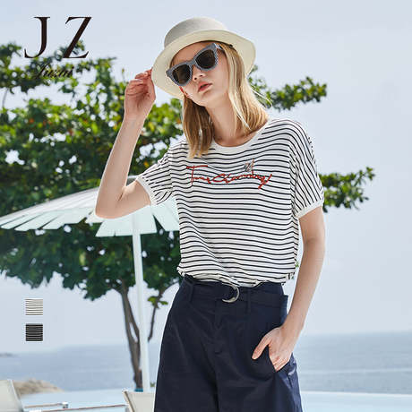 JUZUI/玖姿旗舰店2018夏季新款条纹上衣短袖圆领针织衫T恤女商品大图
