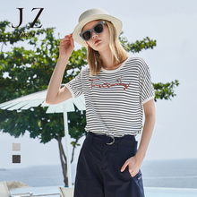 JUZUI/玖姿旗舰店2018夏季新款条纹上衣短袖圆领针织衫T恤女图片