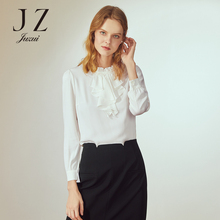 JUZUI/玖姿女装2018冬装新款桑蚕丝蕾丝压褶木耳领套头小衫女上衣图片