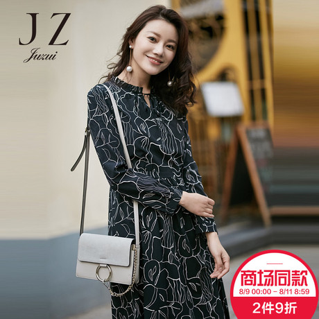 JUZUI/玖姿商场同款2018春装新款长款系带时尚长袖连衣裙女商品大图