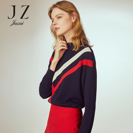 JUZUI/玖姿旗舰店2018冬装新款撞色亮丝混纺拼接套头针织衫女商品大图