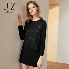 JUZUI/玖姿旗舰店2018冬装新款网纱亮片拼接圆领长款毛衫女图片