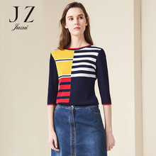 JUZUI/玖姿2018春装新款圆领撞色条纹中袖毛针织衫女打底微弹毛衫图片