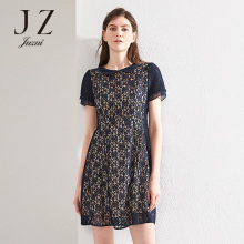 JUZUI/玖姿2018夏装新款优雅翻领中长款蕾丝连衣裙女韩版修身女裙图片