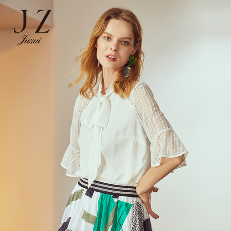 JUZUI/玖姿品牌女装2018温柔风垂感蕾丝雪纺上衣拼接系带白衬衫女商品大图
