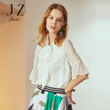 JUZUI/玖姿品牌女装2018温柔风垂感蕾丝雪纺上衣拼接系带白衬衫女图片