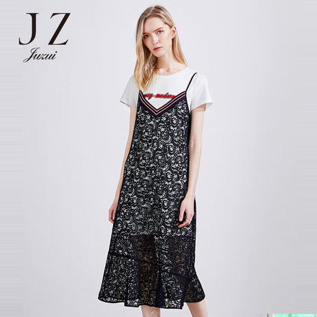 JUZUI/玖姿品牌2018夏装新款蕾丝长T恤两件套时尚连衣裙女中长款商品大图
