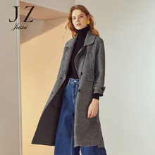 JUZUI/玖姿品牌女装2018冬装新款西装领细格纹羊毛毛呢大衣女过膝图片