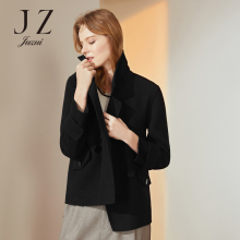 JUZUI/玖姿女装2018冬季羊毛西装领双面呢短大衣女宽松呢子外套图片