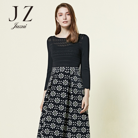 JUZUI/玖姿官2018春装新款拼接碎花印花修身女装中长款连衣裙女商品大图