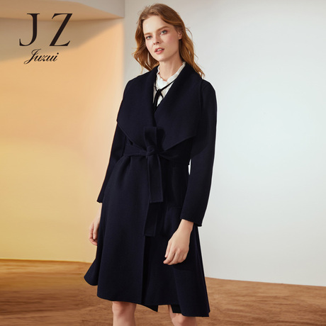 JUZUI/玖姿女装2018冬季新款羊毛双面呢中长大衣女毛呢外套腰带款商品大图